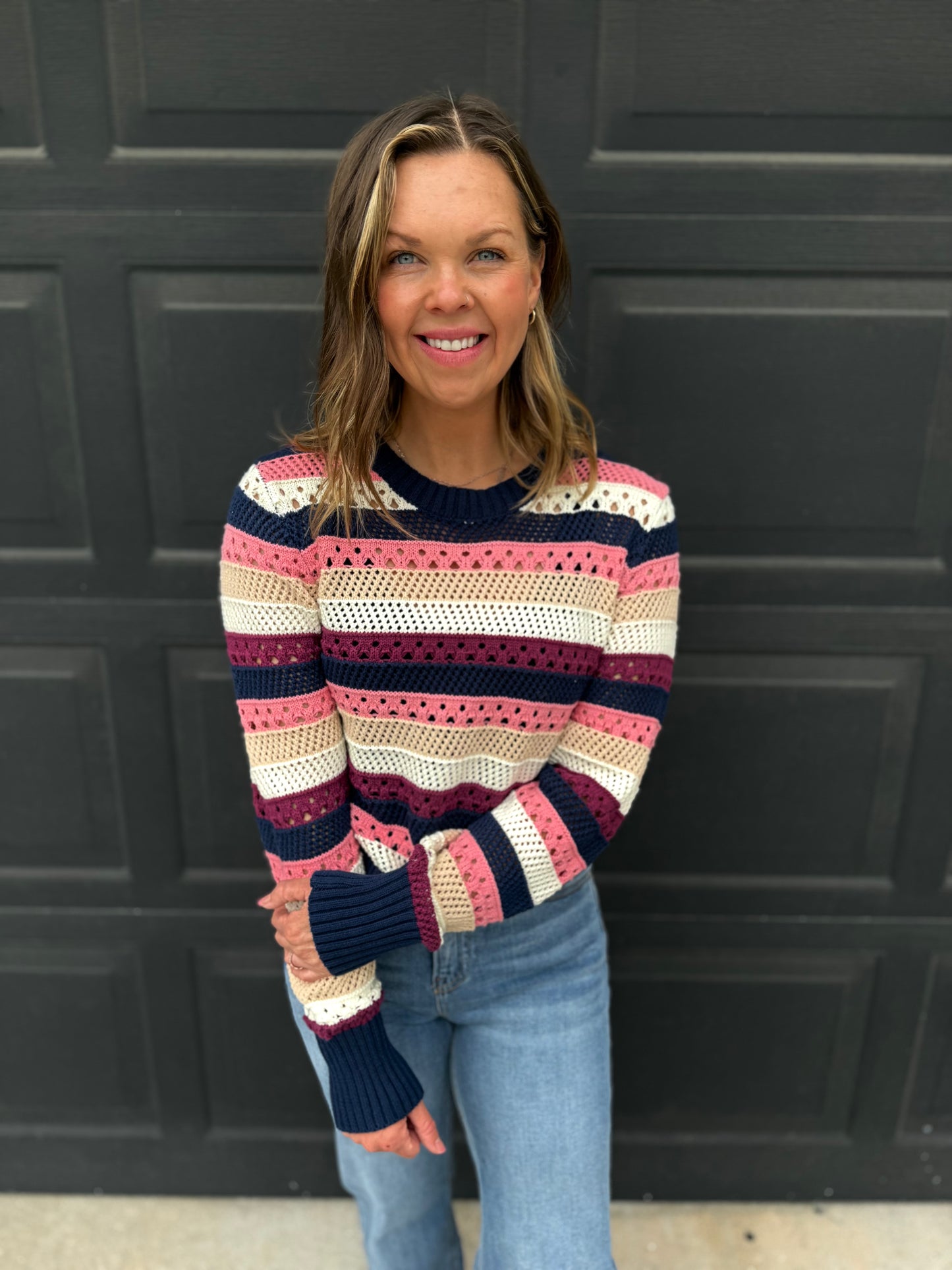 Open Crochet Crew Neck Stripe Sweater