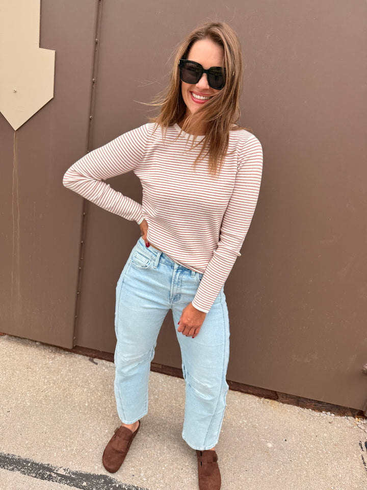 The Nora Pinstriped Crew Neck - Ivory/Copper