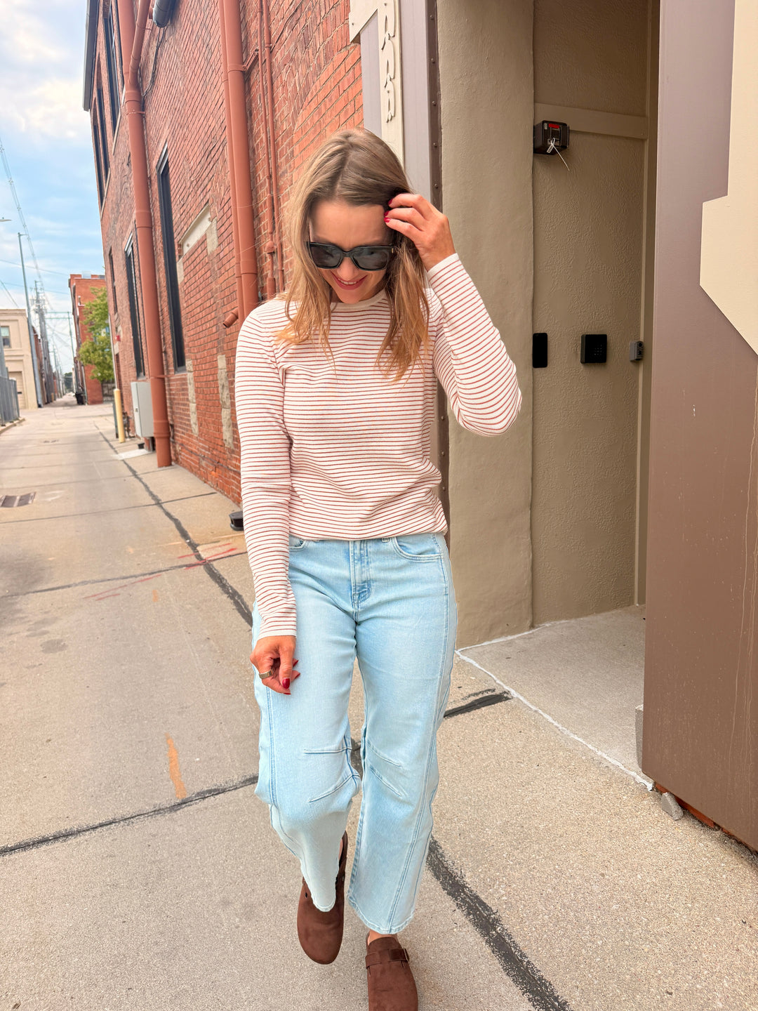 The Nora Pinstriped Crew Neck - Ivory/Copper