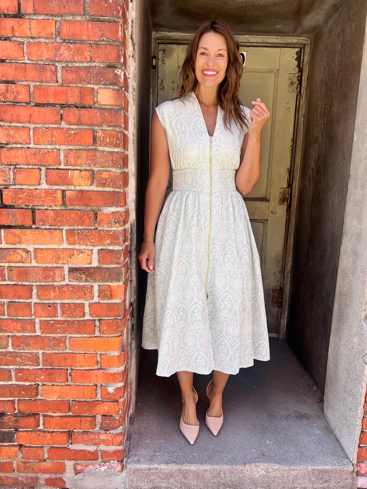 Sage Eyelet Print Midi Dress