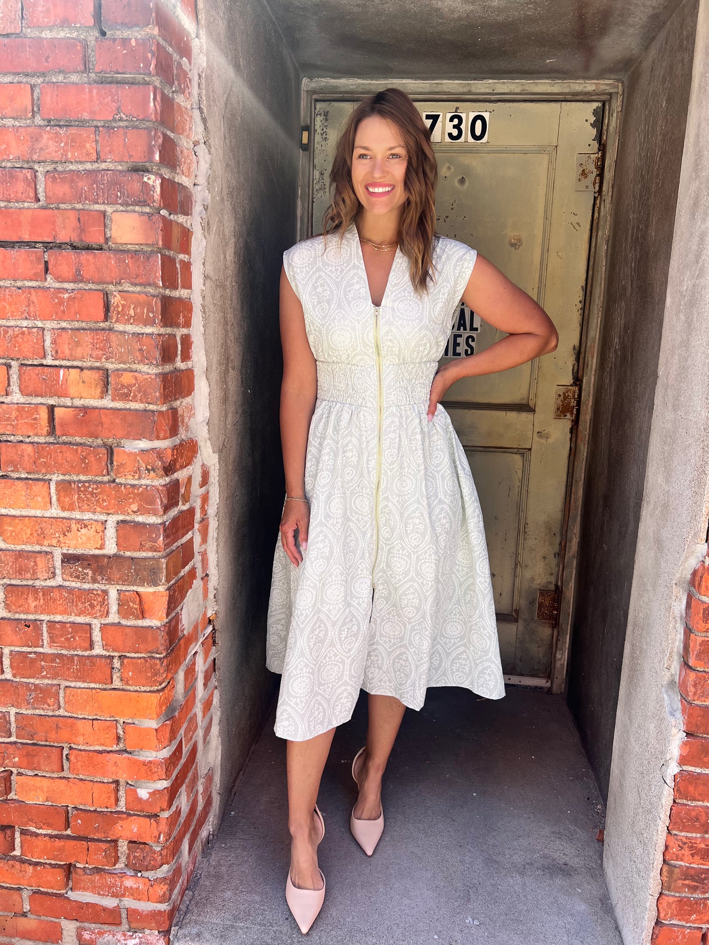 Sage Eyelet Print Midi Dress
