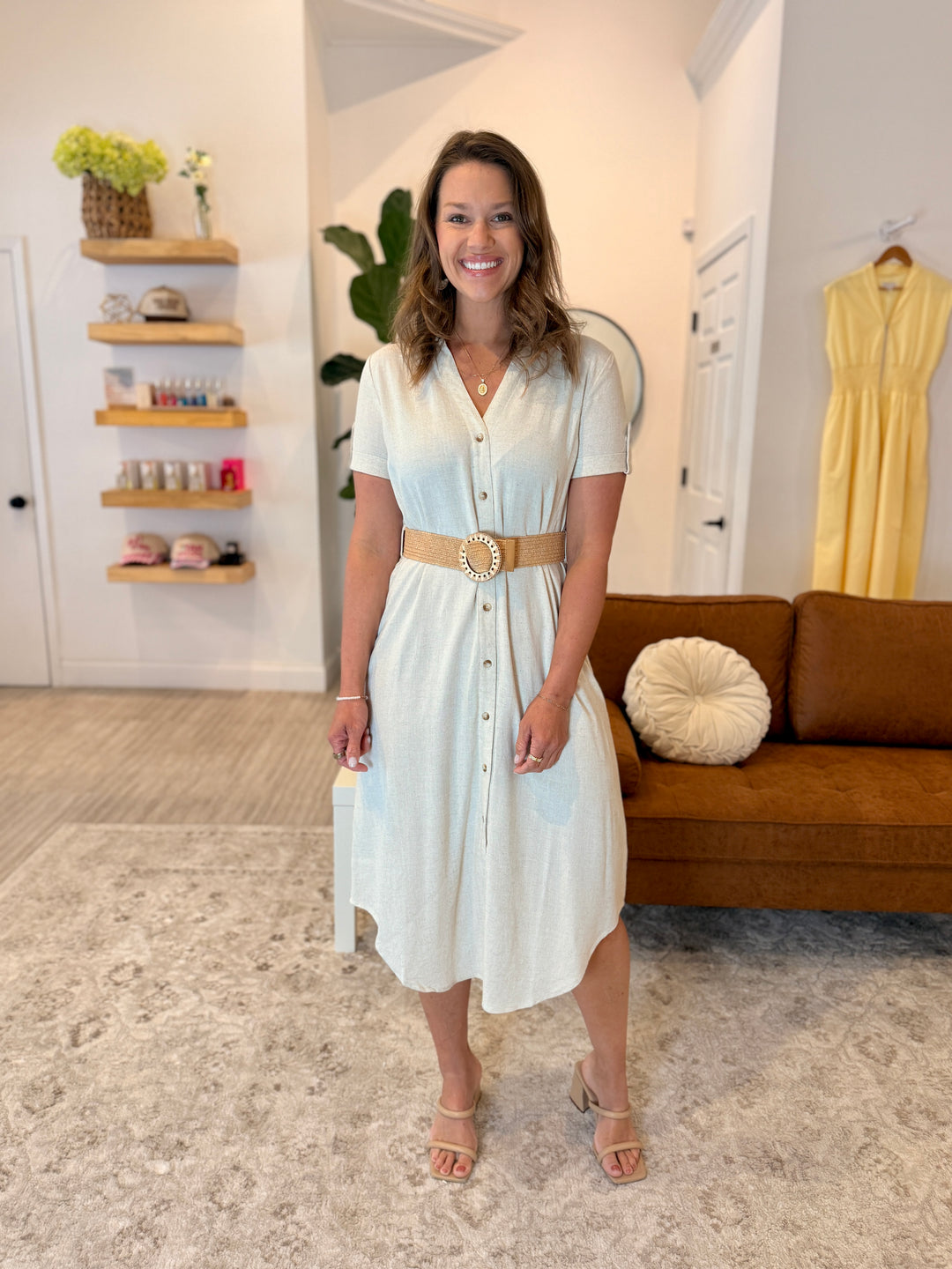 Collared Button Down Belted Midi Dress