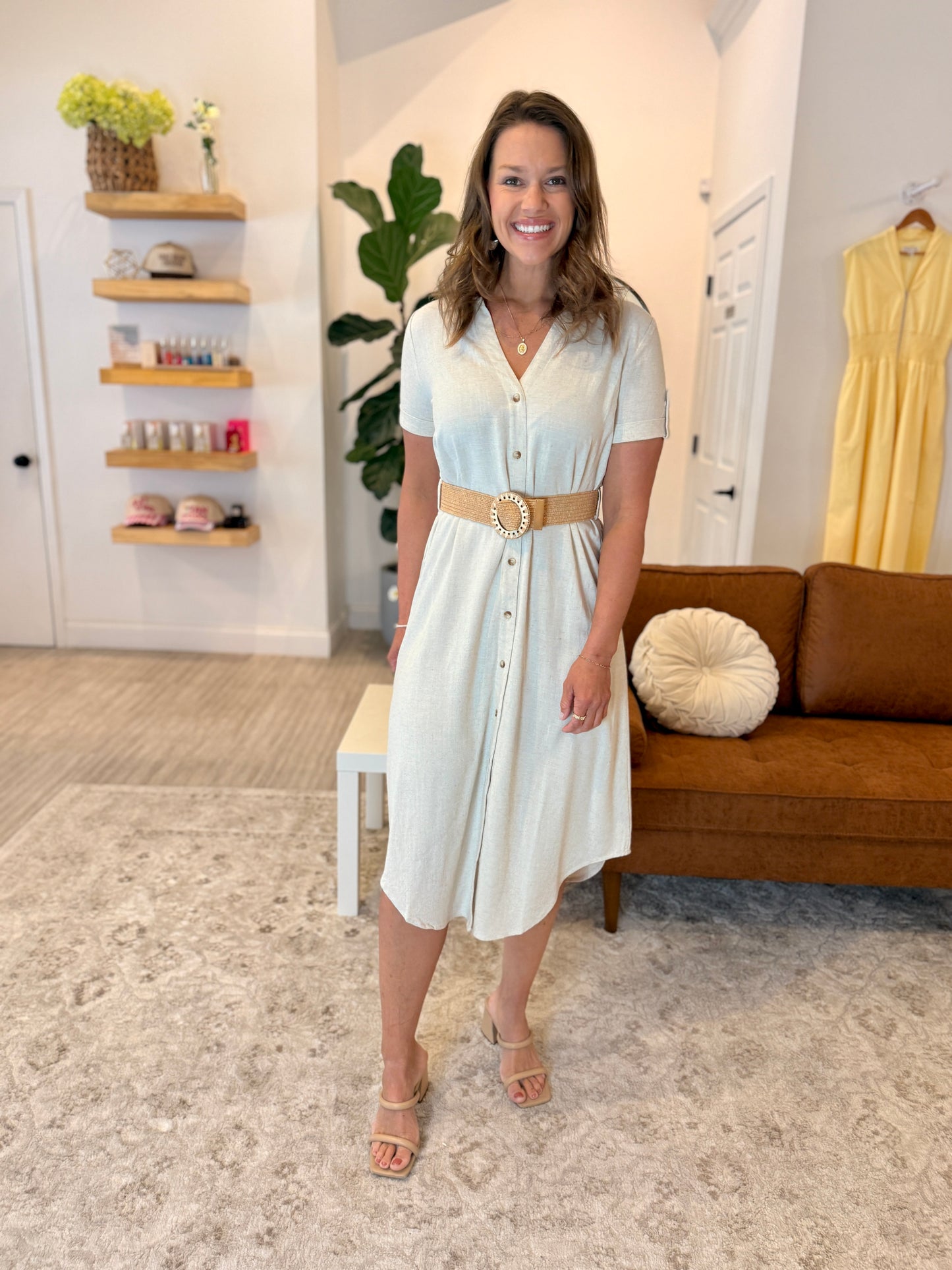 Collared Button Down Belted Midi Dress