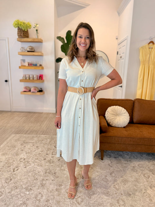 Collared Button Down Belted Midi Dress