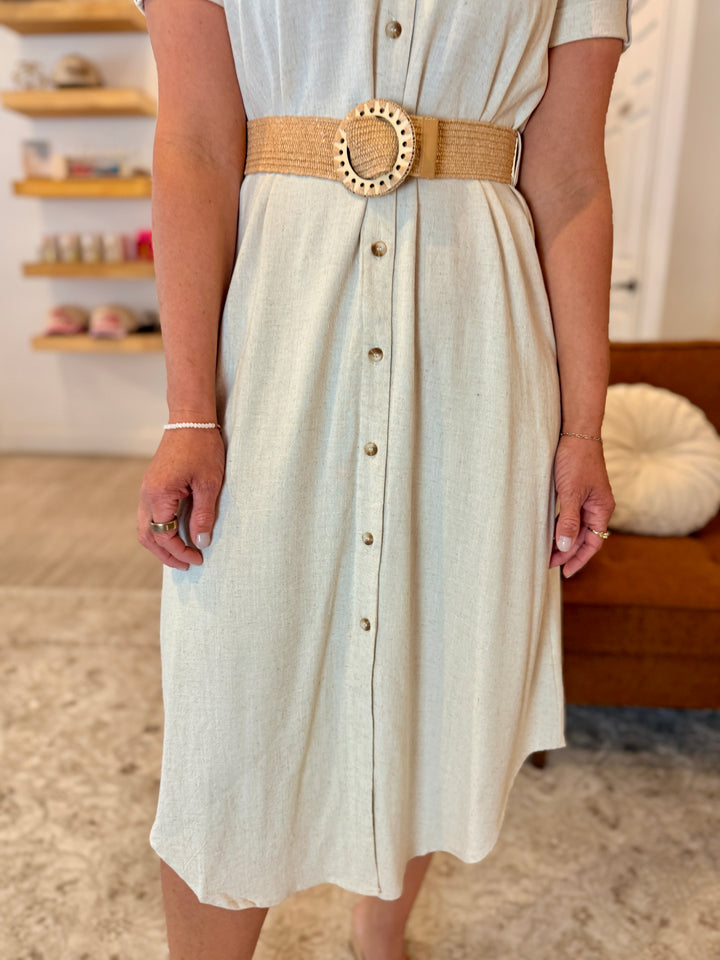 Collared Button Down Belted Midi Dress