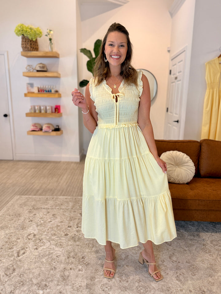The Elara Tiered Midi Dres - Butter Yellow