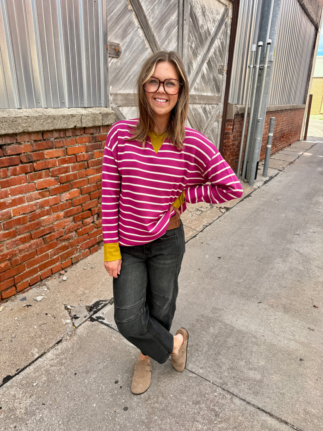 The Stella Striped Contrast Pullover - Amethyst