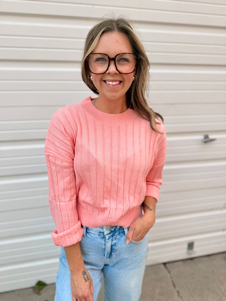 Pink Cropped Ribbed Knit Sweater