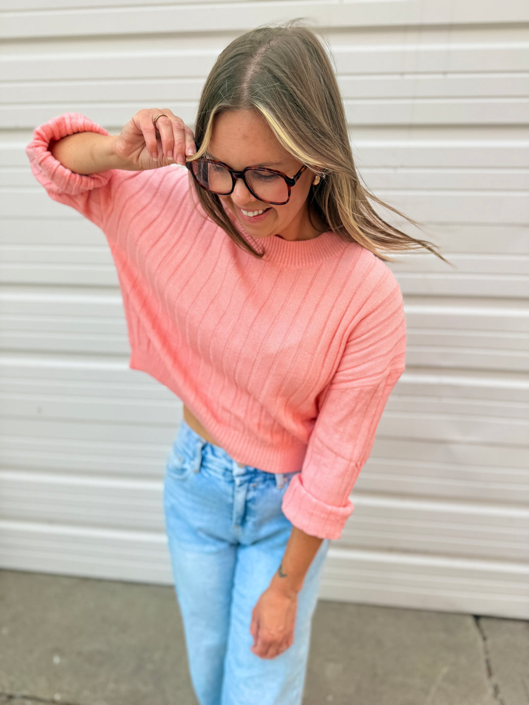 Pink Cropped Ribbed Knit Sweater