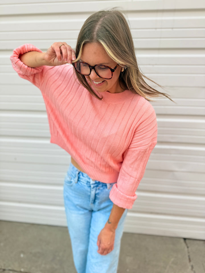 Pink Cropped Ribbed Knit Sweater