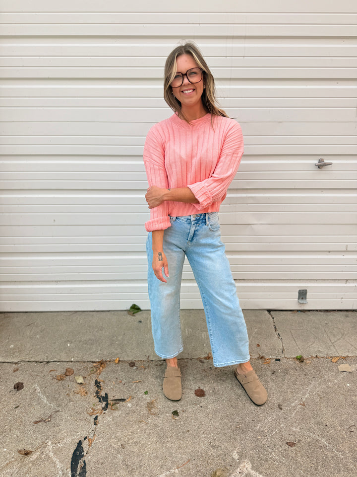Pink Cropped Ribbed Knit Sweater