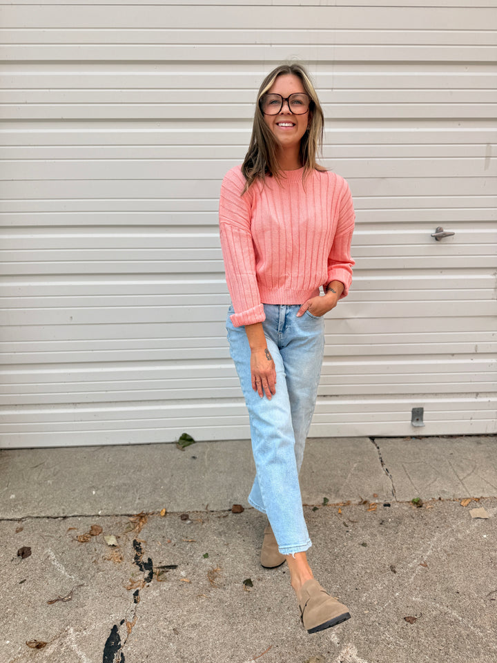 Pink Cropped Ribbed Knit Sweater