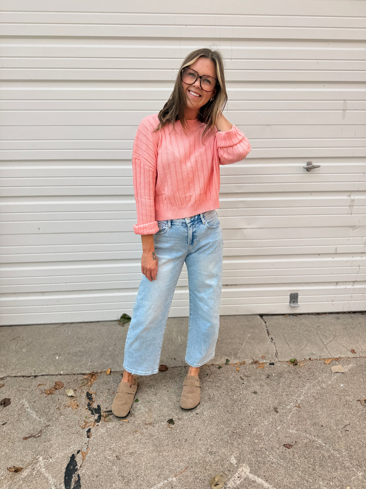 Pink Cropped Ribbed Knit Sweater