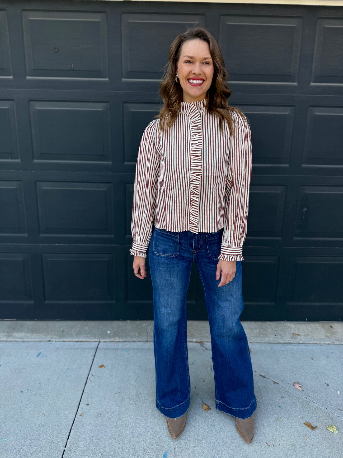 Pecan Striped Ruffled Button Down