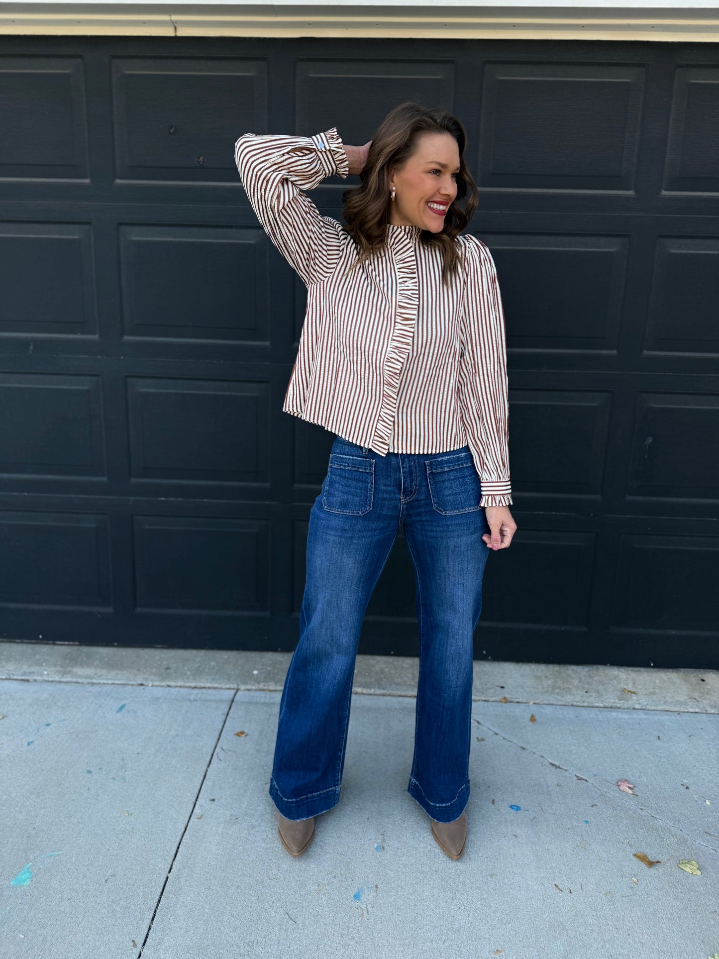Pecan Striped Ruffled Button Down