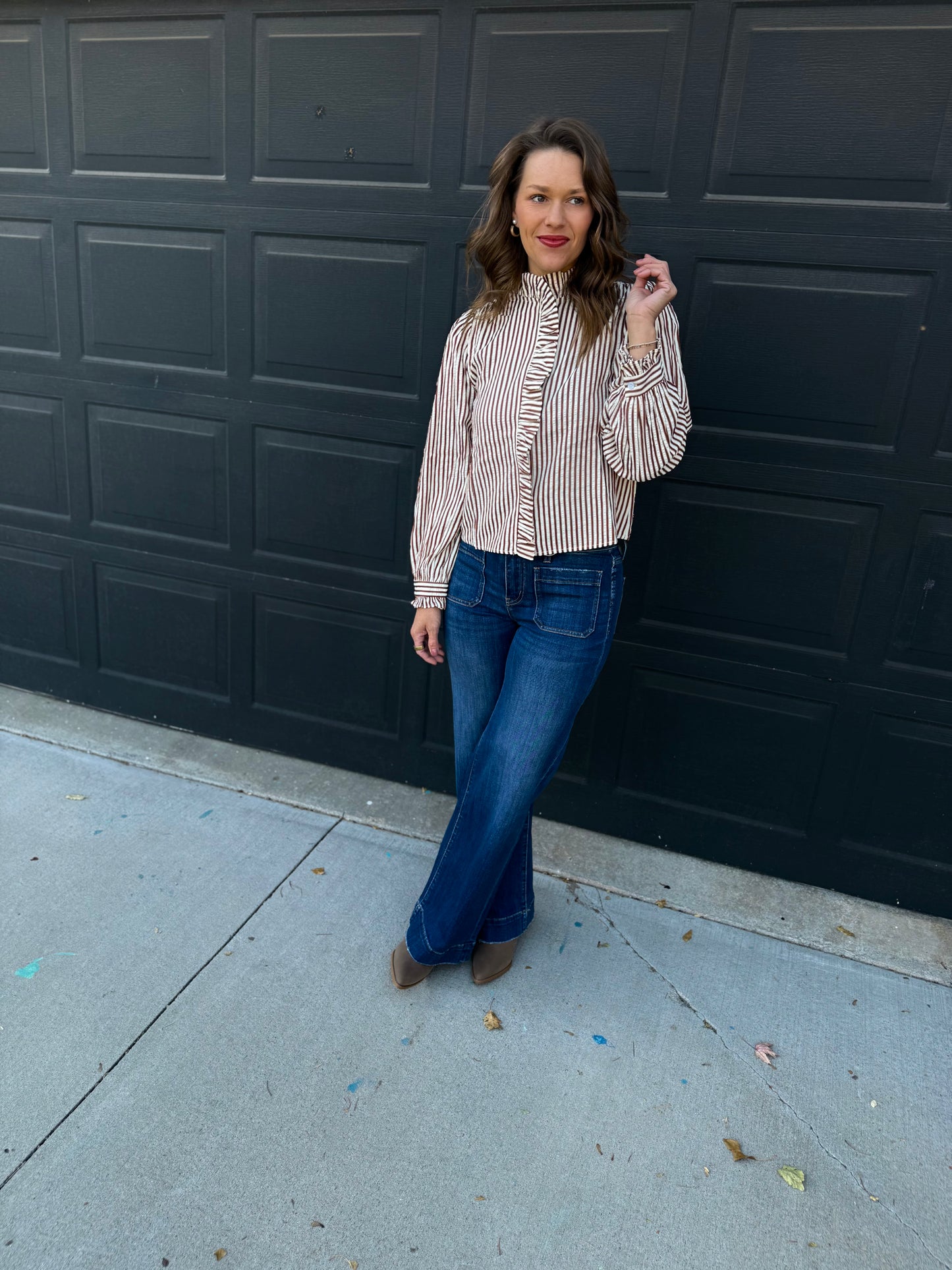 Pecan Striped Ruffled Button Down