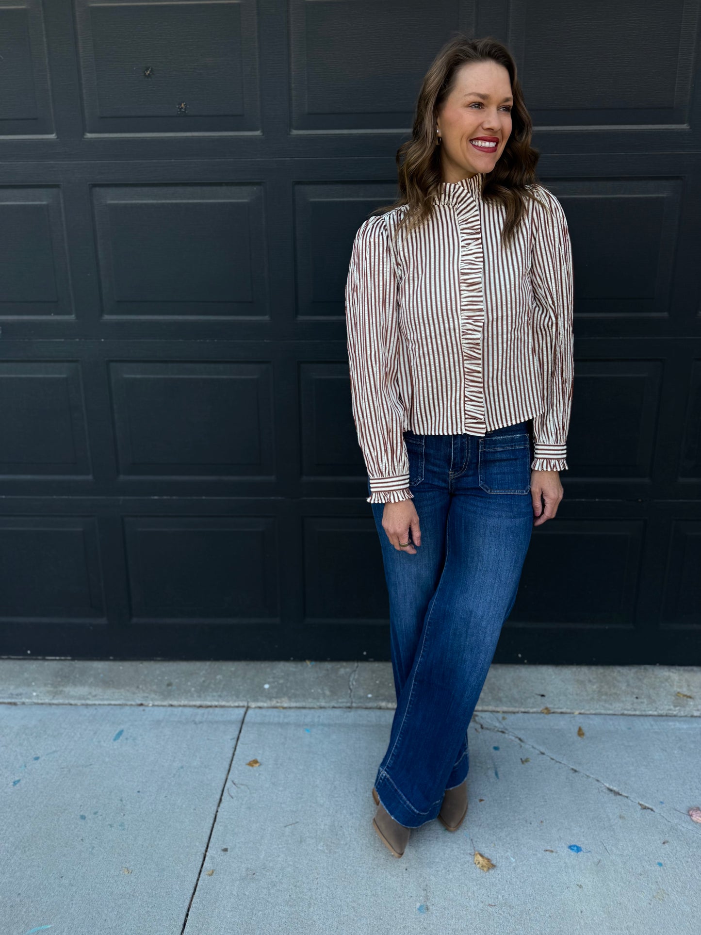 Pecan Striped Ruffled Button Down