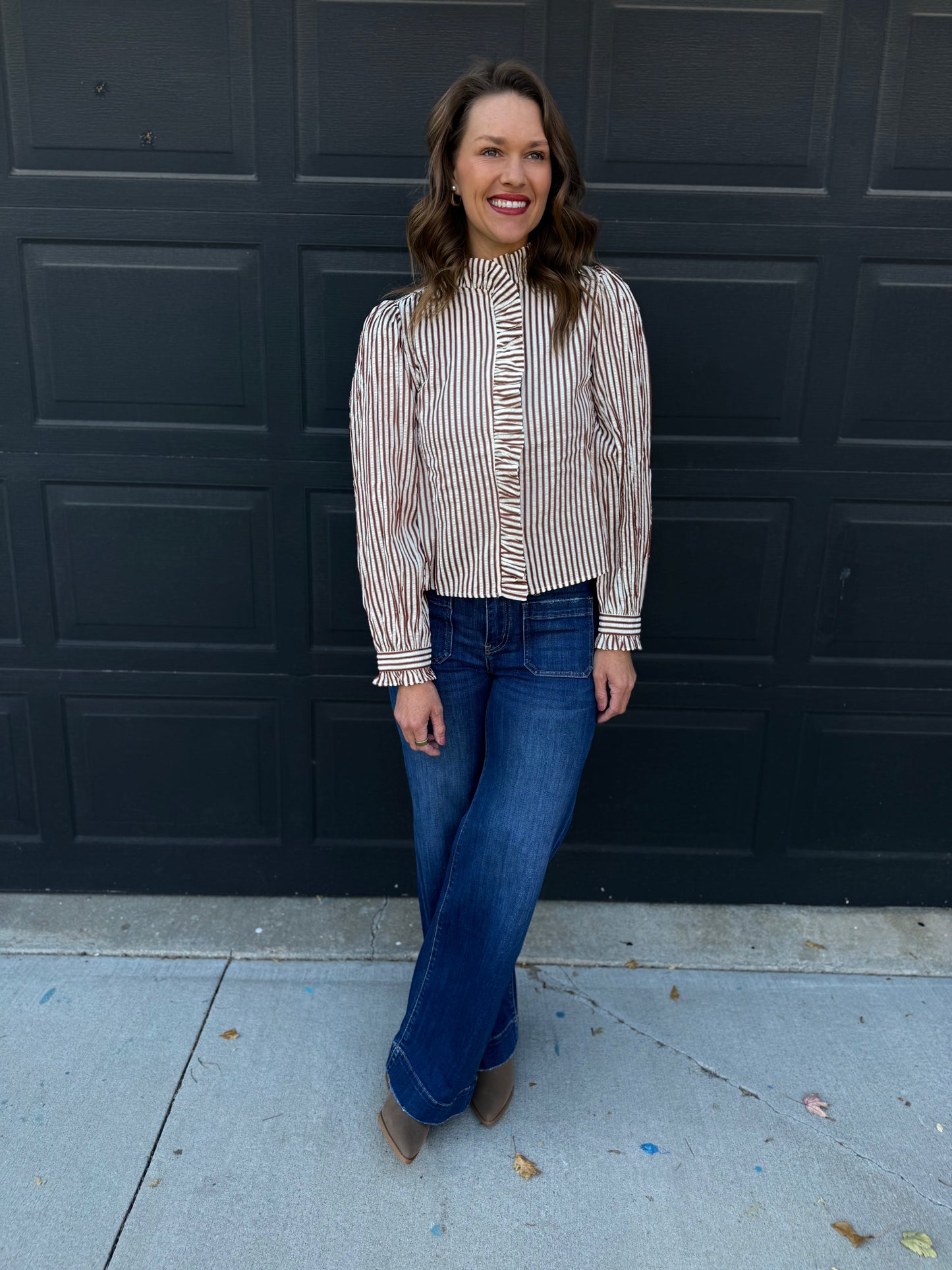 Pecan Striped Ruffled Button Down