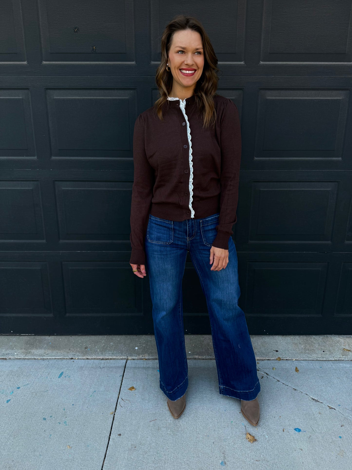 Chocolate Lace Trim Lightweight Cardigan