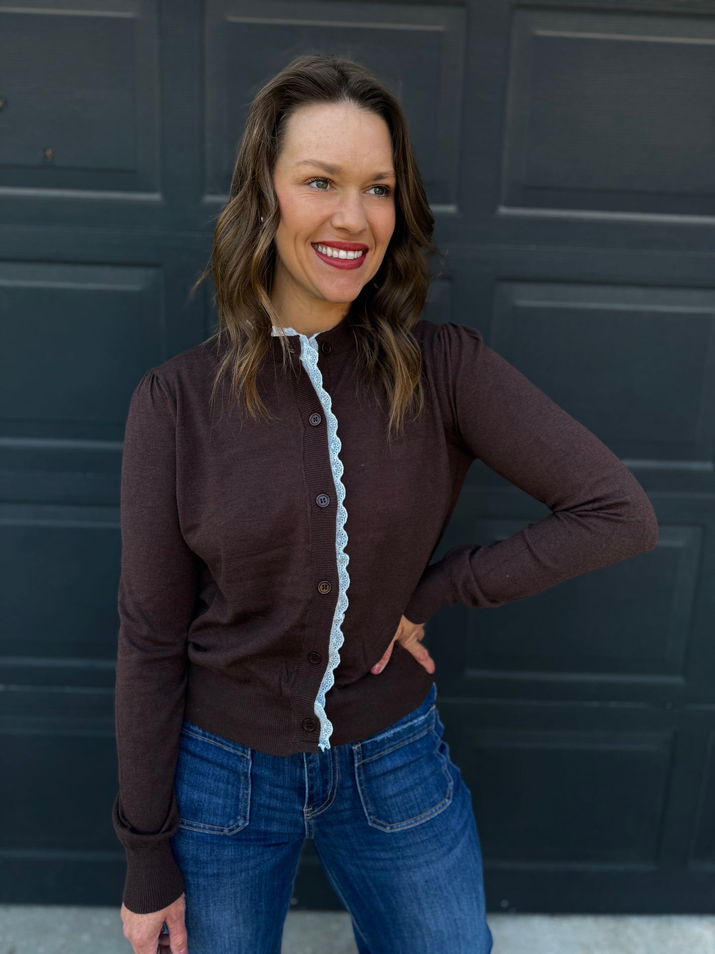 Chocolate Lace Trim Lightweight Cardigan