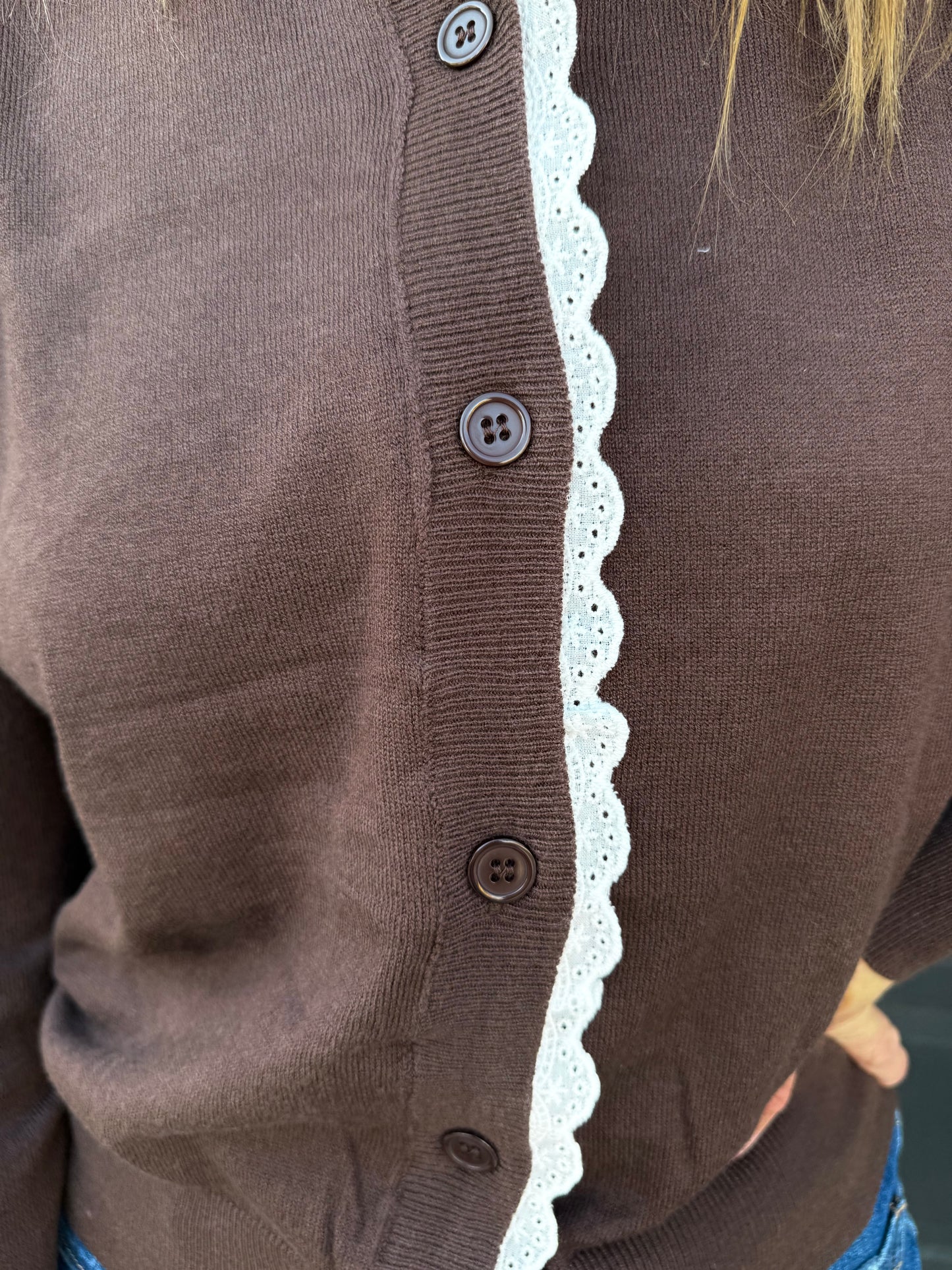 Chocolate Lace Trim Lightweight Cardigan