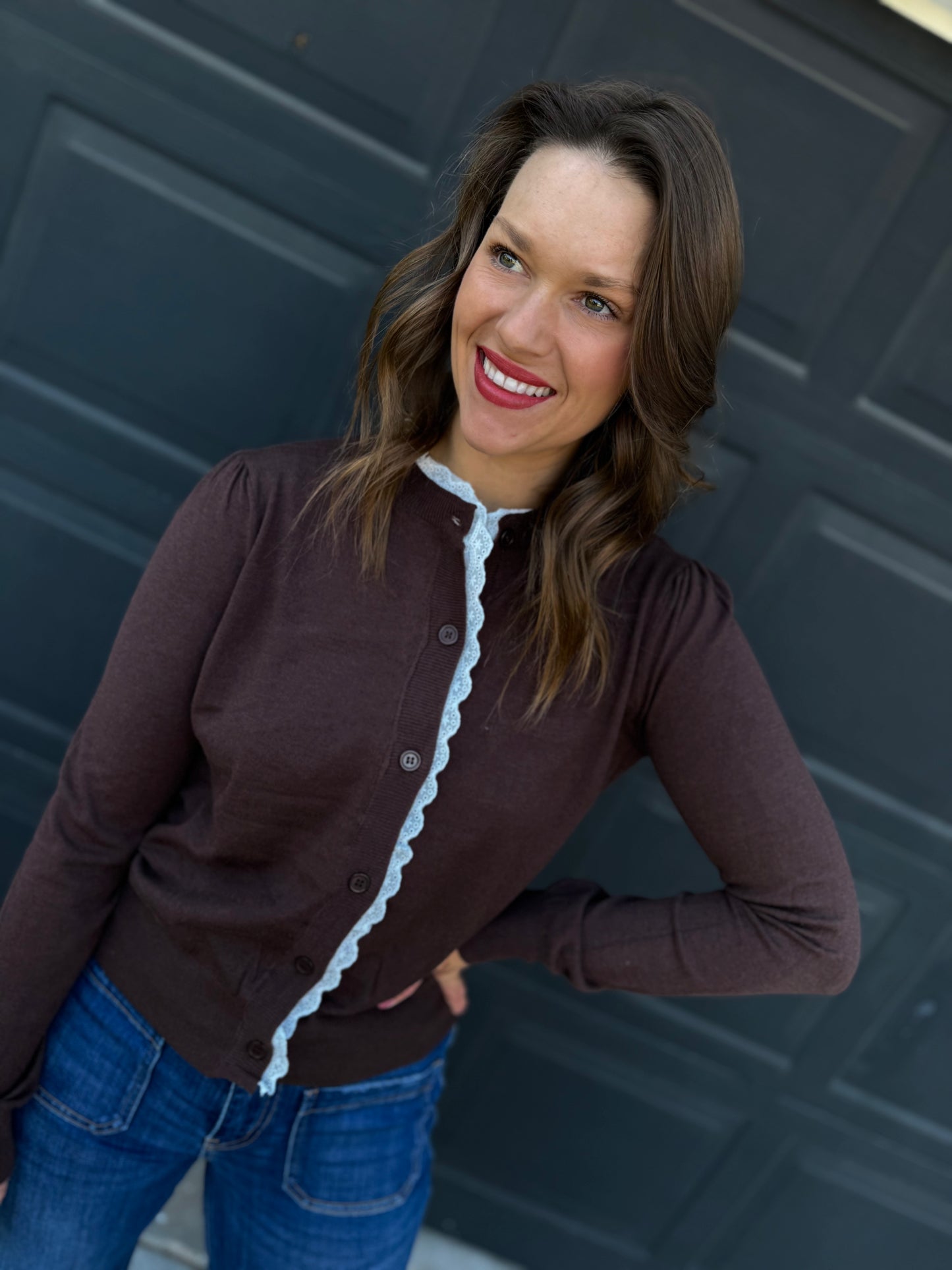 Chocolate Lace Trim Lightweight Cardigan