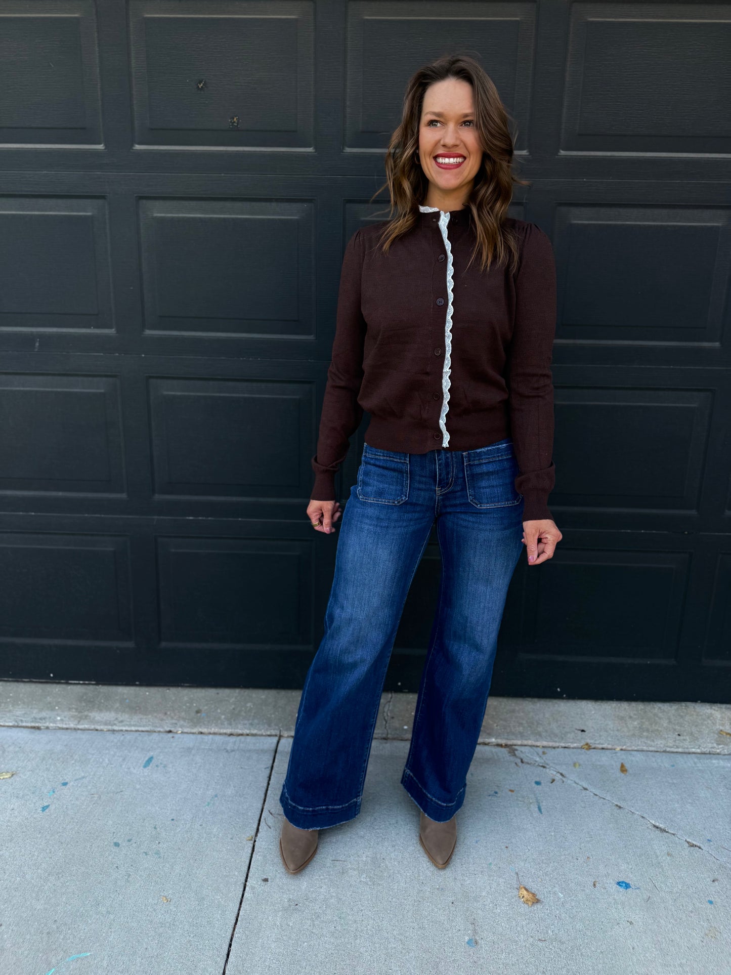 Chocolate Lace Trim Lightweight Cardigan