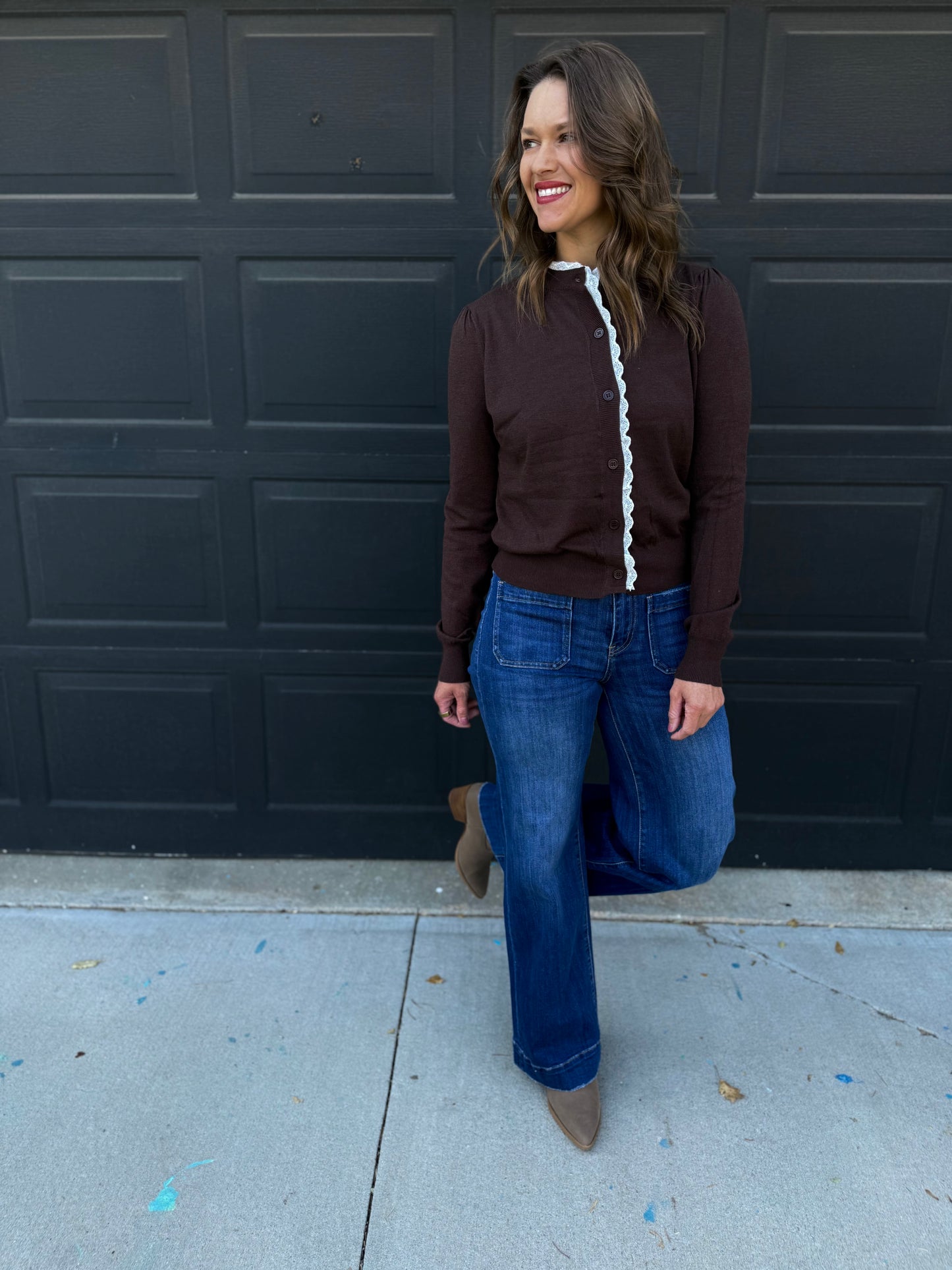 Chocolate Lace Trim Lightweight Cardigan