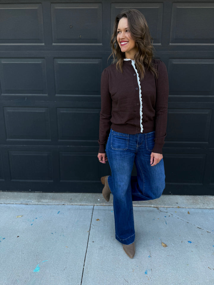 Chocolate Lace Trim Lightweight Cardigan