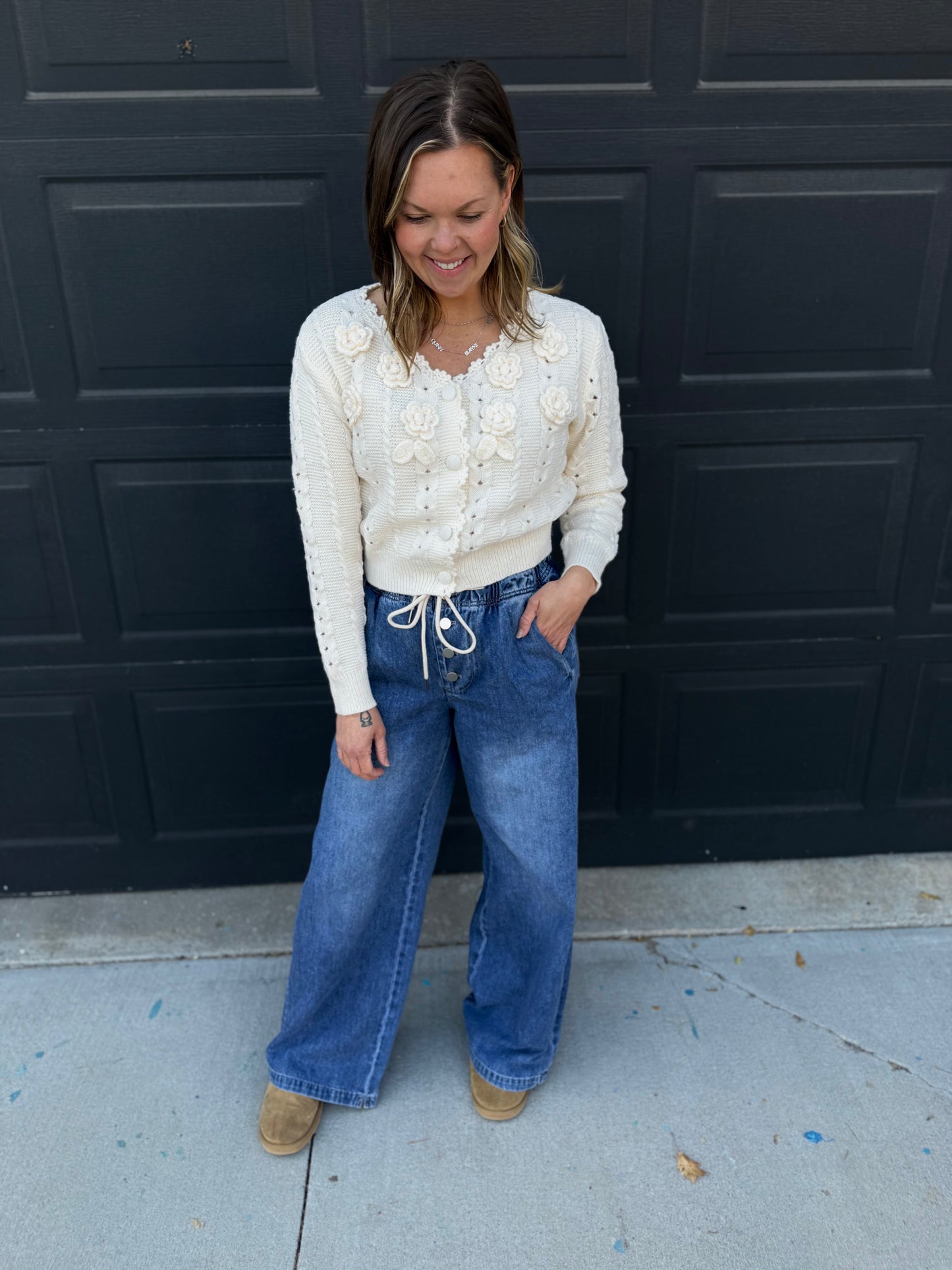 Wide Leg Denim Pants With Drawstring