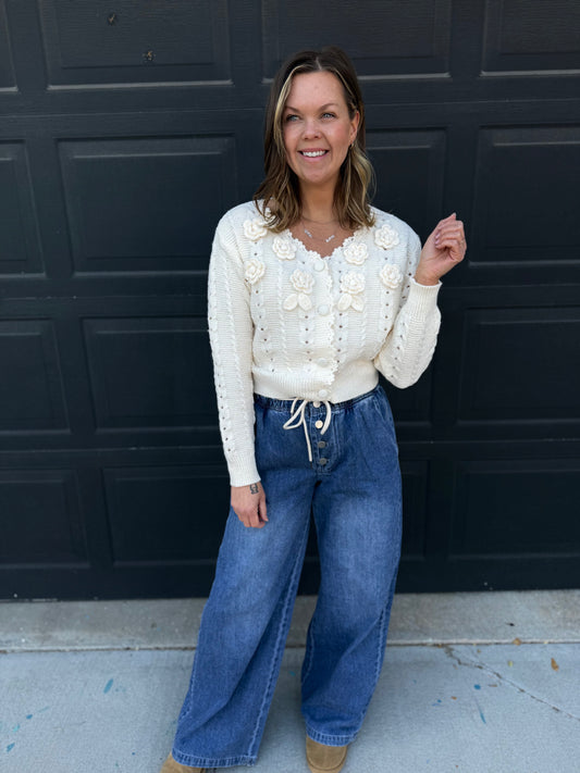 Wide Leg Denim Pants With Drawstring