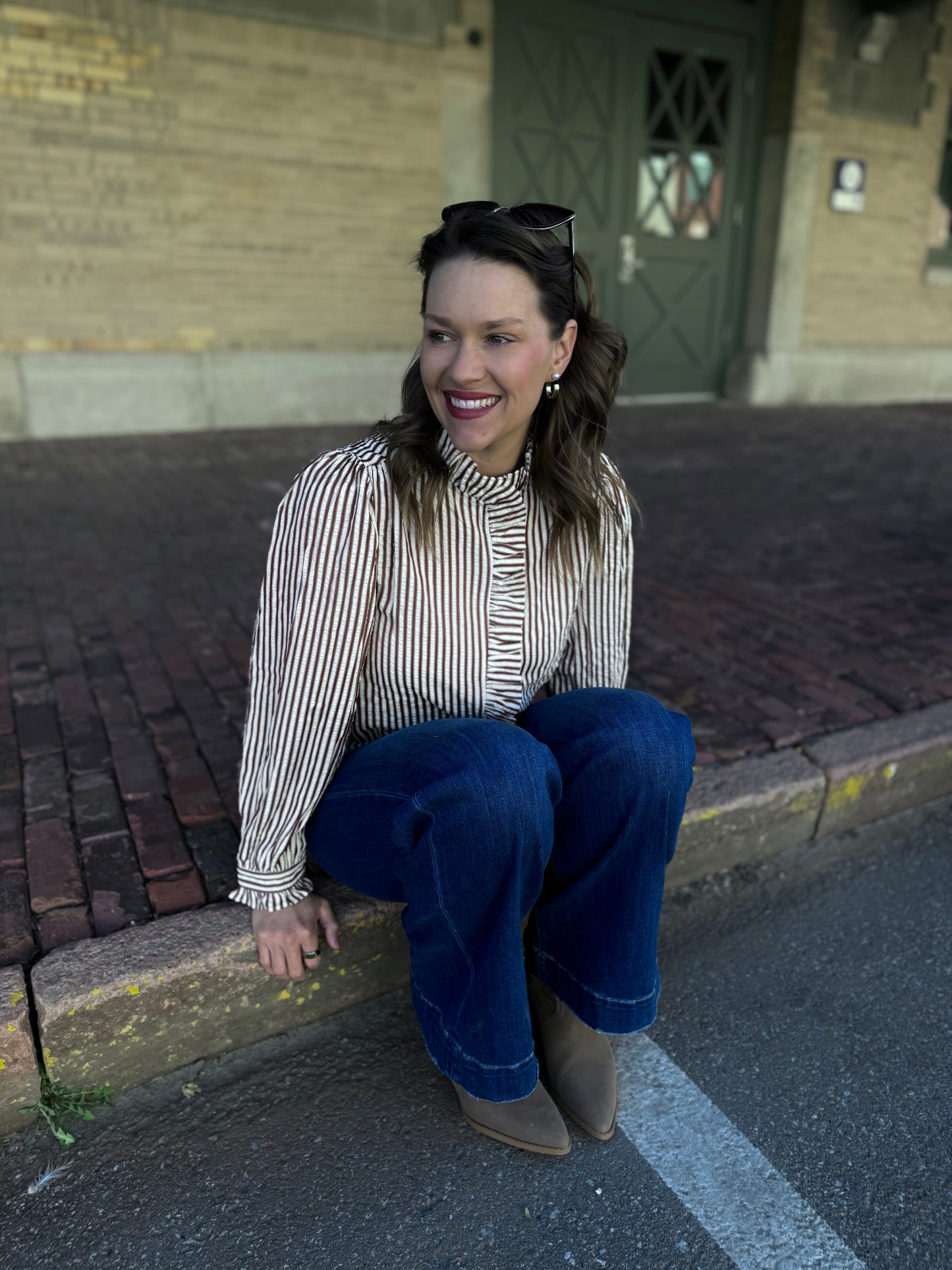 Pecan Striped Ruffled Button Down