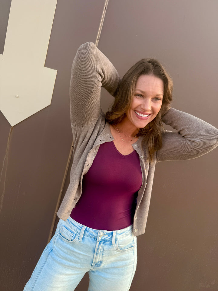 Classic Ribbed Crewneck Cardigan - Mocha