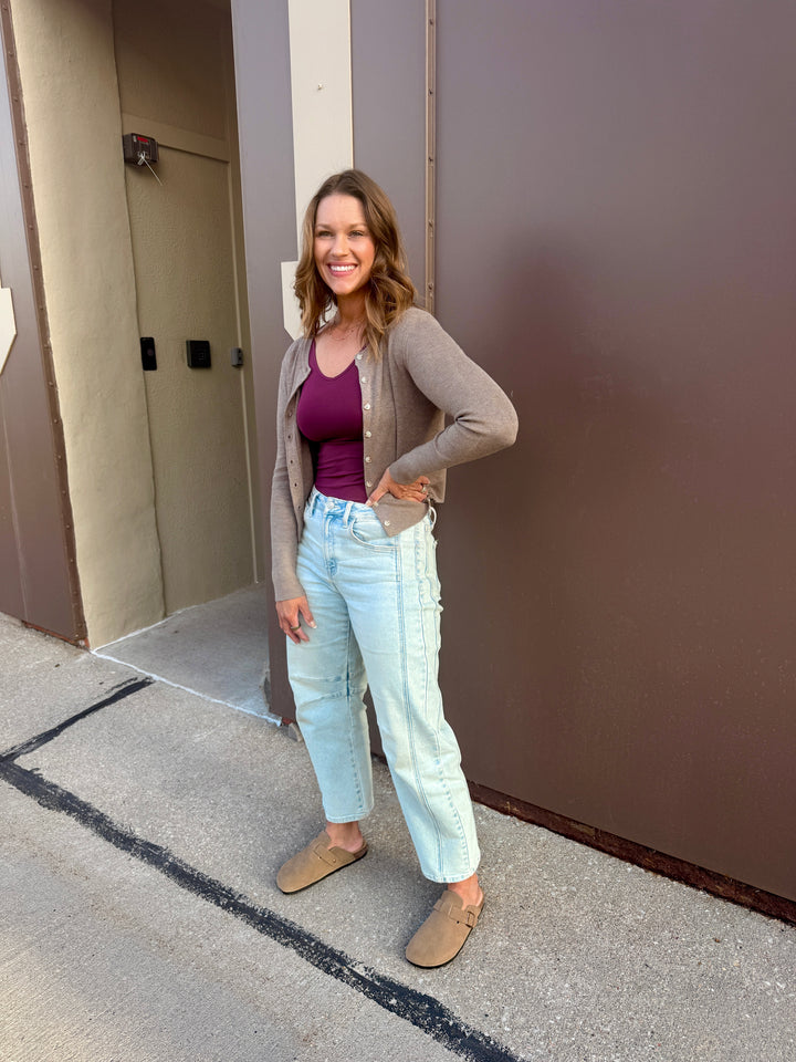 Classic Ribbed Crewneck Cardigan - Mocha