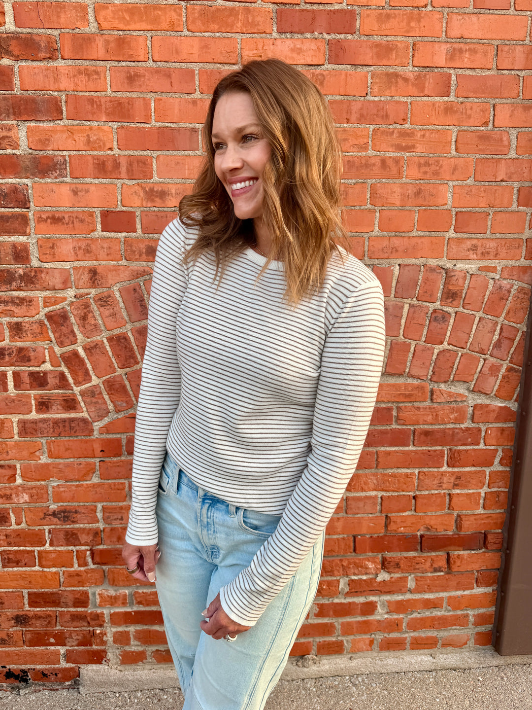 The Nora Pinstriped Crew Neck - Ivory/Mocha
