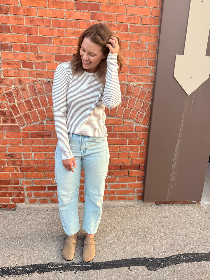 The Nora Pinstriped Crew Neck - Ivory/Mocha