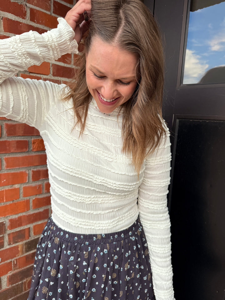 Shirred Long Sleeve Mock Neck Top