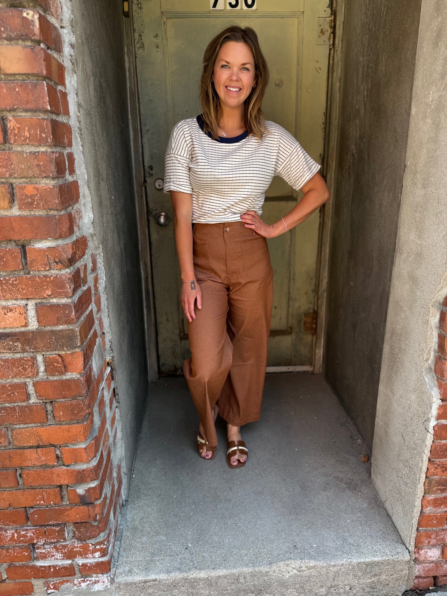 Navy Pointelle Stripe Knit Top
