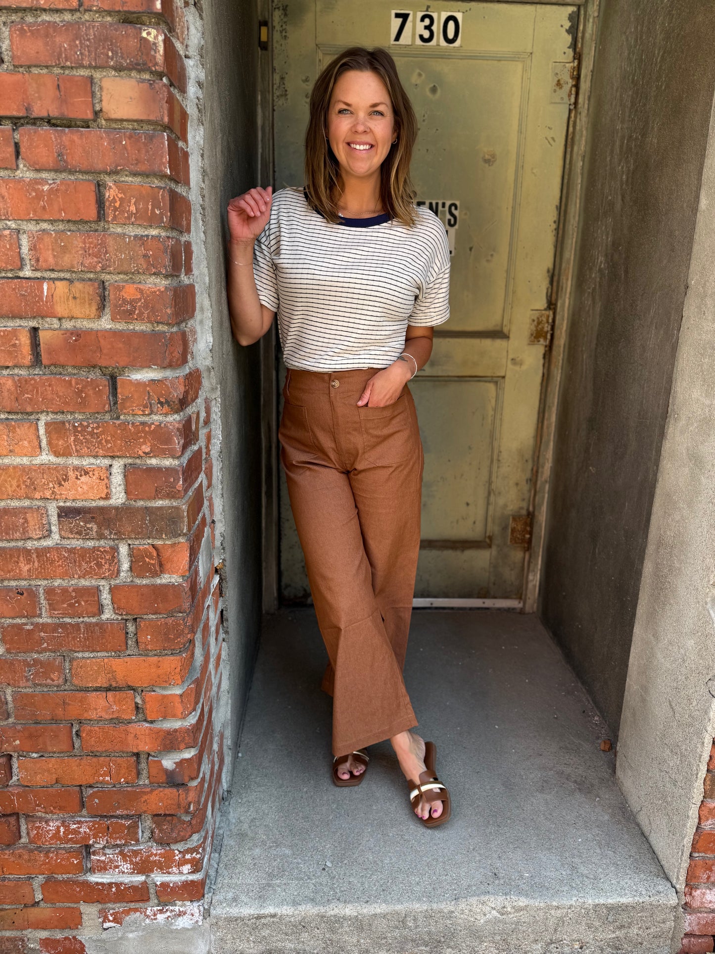 Navy Pointelle Stripe Knit Top