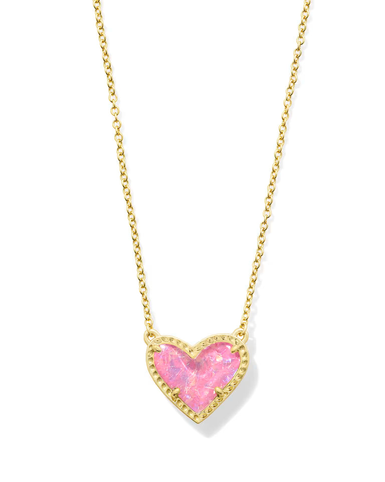 Ari Heart Gold Pendant Necklace - Pink Iridescent Glitter Glass