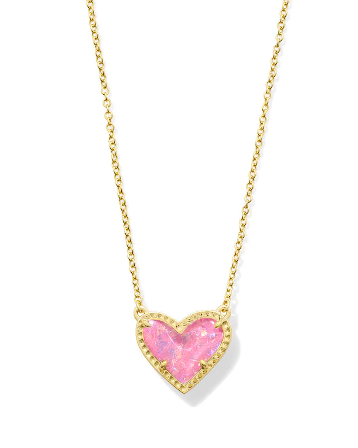 Ari Heart Gold Pendant Necklace - Pink Iridescent Glitter Glass
