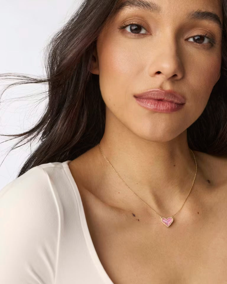 Ari Heart Gold Pendant Necklace - Pink Iridescent Glitter Glass