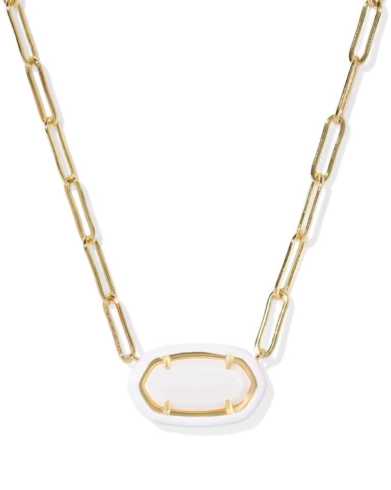Elisa Enamel Frame Gold Paperclip Necklace - White Mother of Pearl
