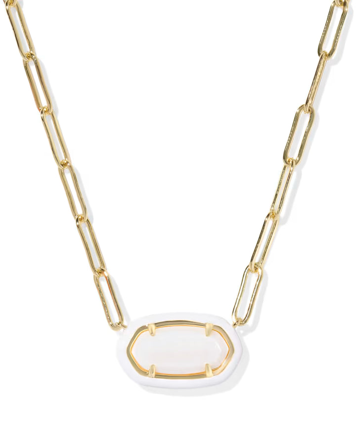 Elisa Enamel Frame Gold Paperclip Necklace - White Mother of Pearl