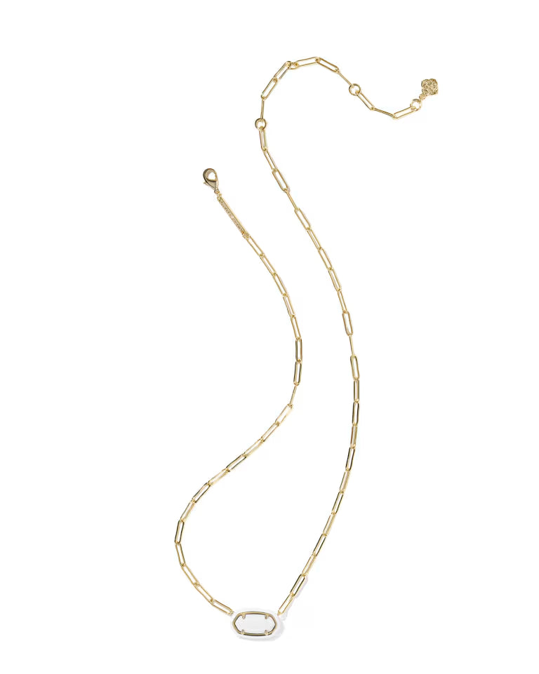 Elisa Enamel Frame Gold Paperclip Necklace - White Mother of Pearl