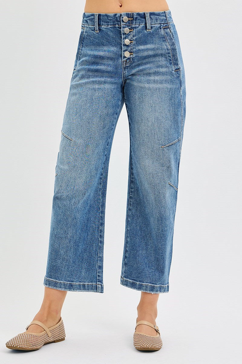 Button Fly Barrel Jeans - Mid Rise