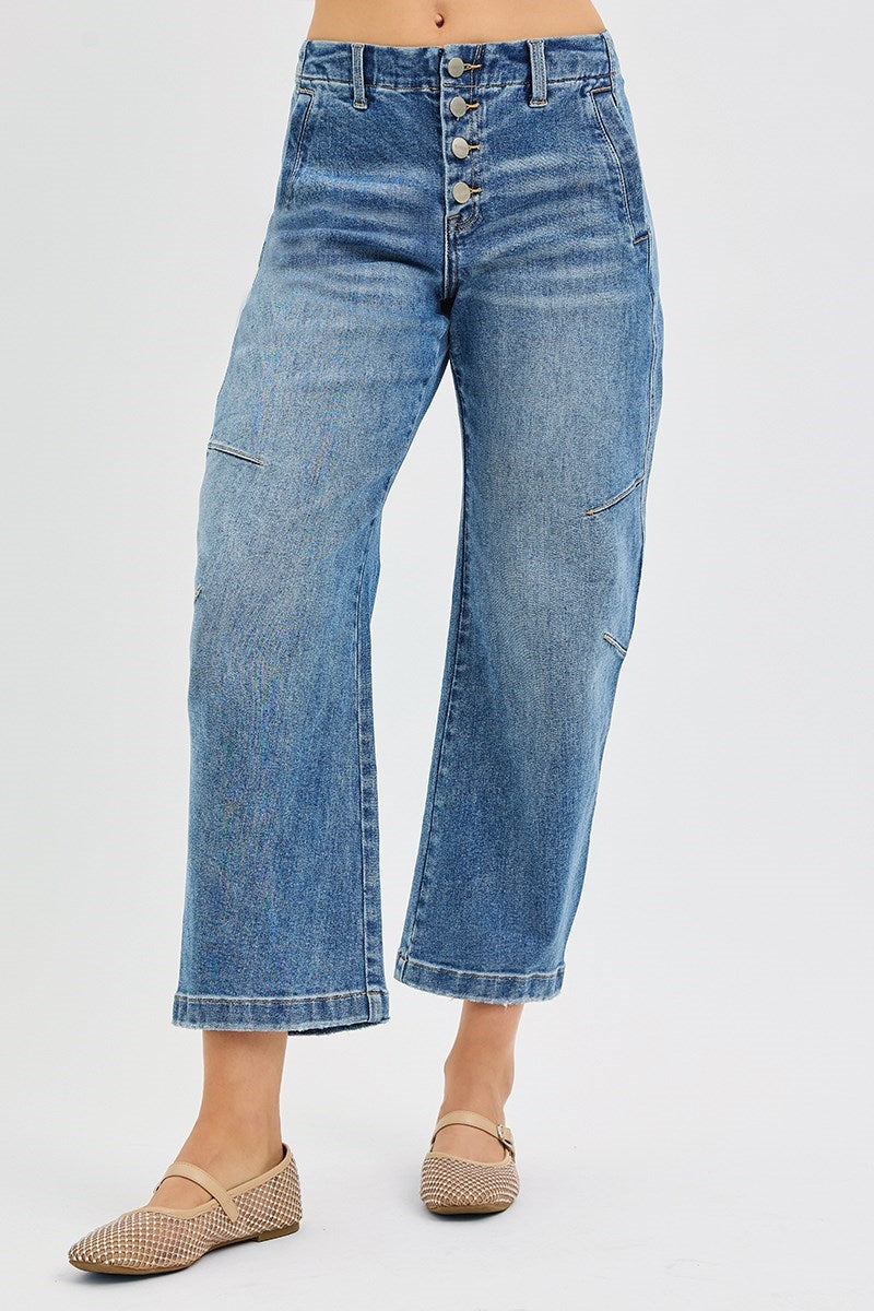 Button Fly Barrel Jeans - Mid Rise