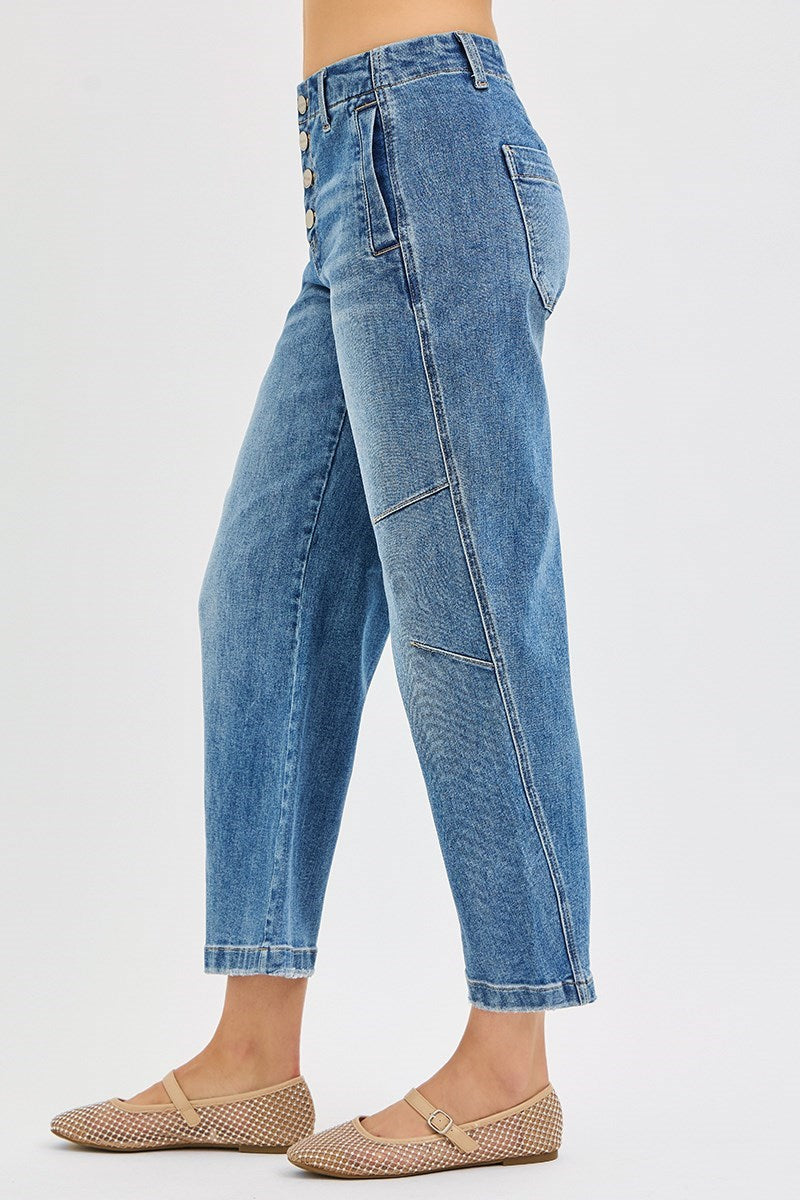 Button Fly Barrel Jeans - Mid Rise