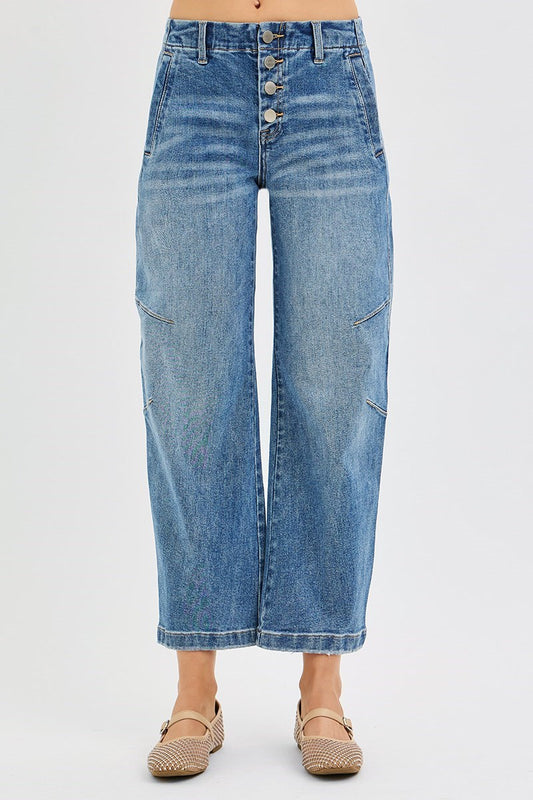 Button Fly Barrel Jeans - Mid Rise