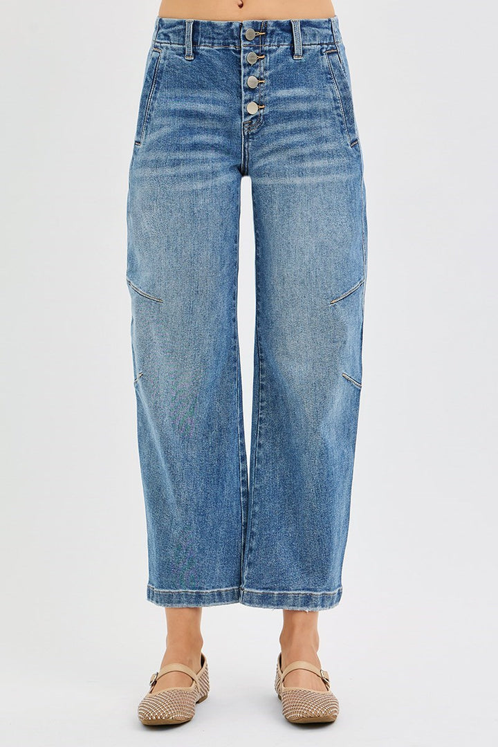 Button Fly Barrel Jeans - Mid Rise